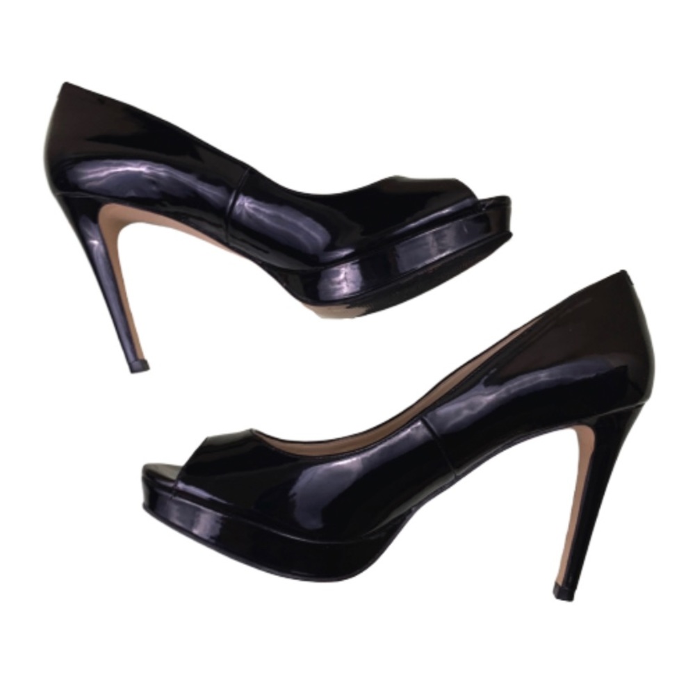 Marc Fisher black patent peeptoe platform stiletto heels